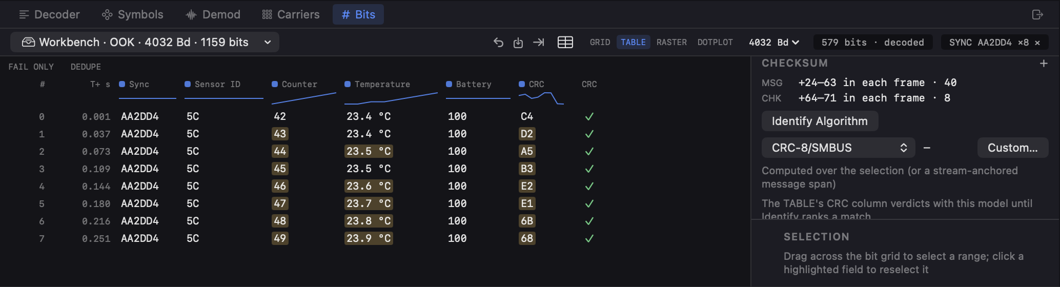 Sensor frame table showing temperatures 23.4 through 23.9 degrees Celsius and passing CRC checks for all eight rows.